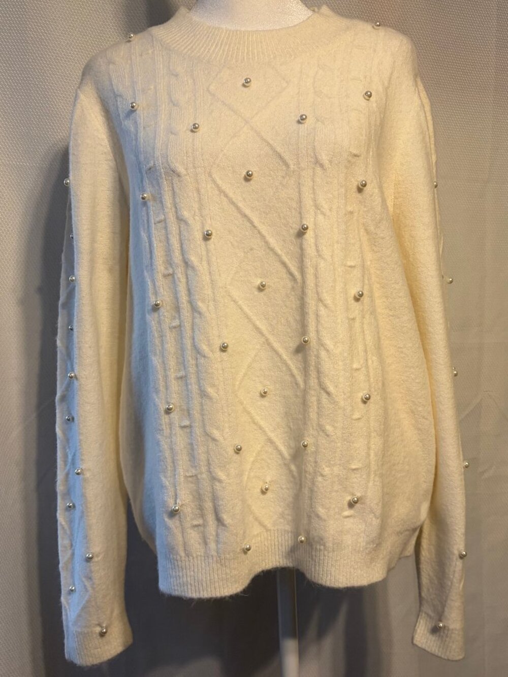 LOFT Pearlized Cable knit Crewneck Sweater Cream/Ivory Large
